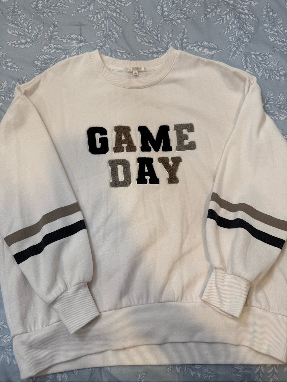 GAME DAY White Pullover Sweatshirt with Striped Sleeves